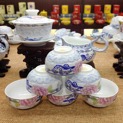 陶瓷器 8头粉彩富贵牡丹浮雕花纹立体功夫茶具 礼品瓷包邮 图片_高清大图 